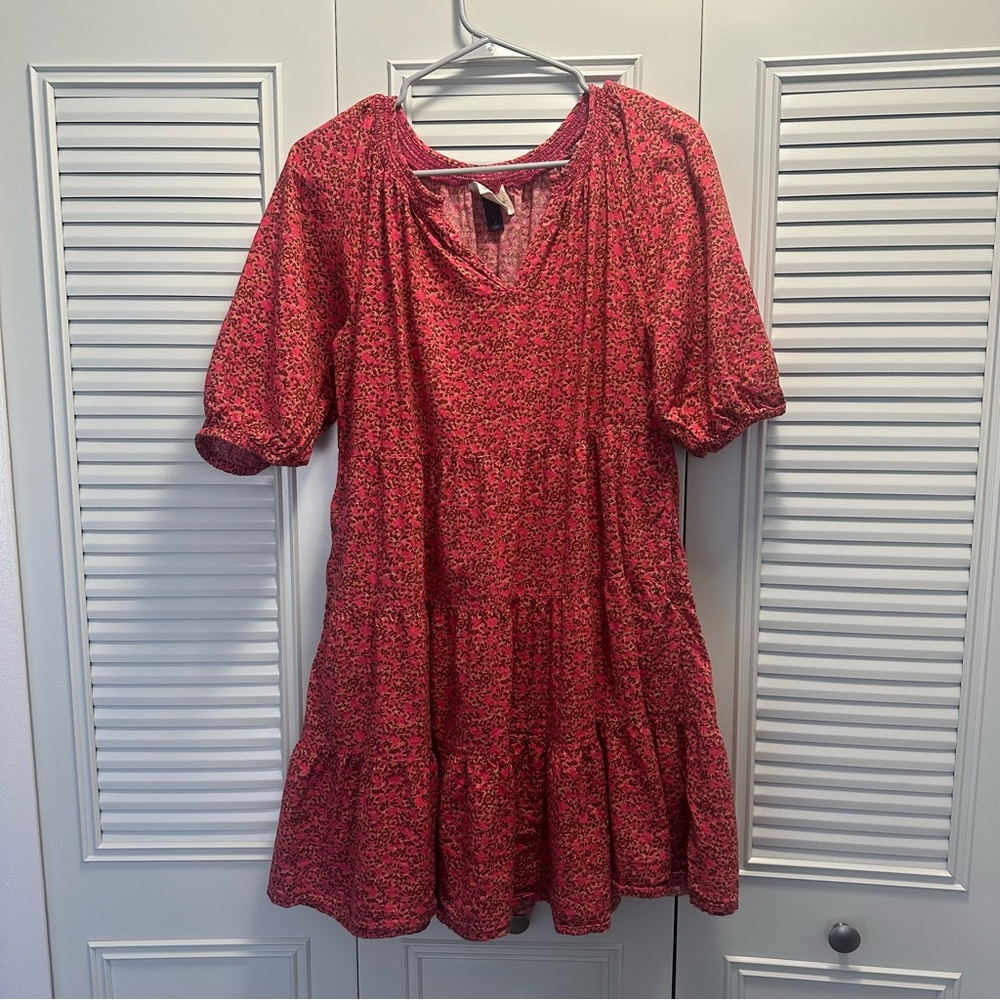 Red Floral Tiered Short Sleeve Dress